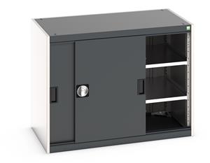 Bott cubio cupboard with lockable sliding doors 800mm high x 1050mm wide x 650mm deep and supplied with 2 x 100kg capacity shelves.   Ideal for areas with limited space where standard outward opening doors would not be suitable.... Bott Cubio Sliding Solid Door Cupboards with shelves and drawers 1600mm high option available